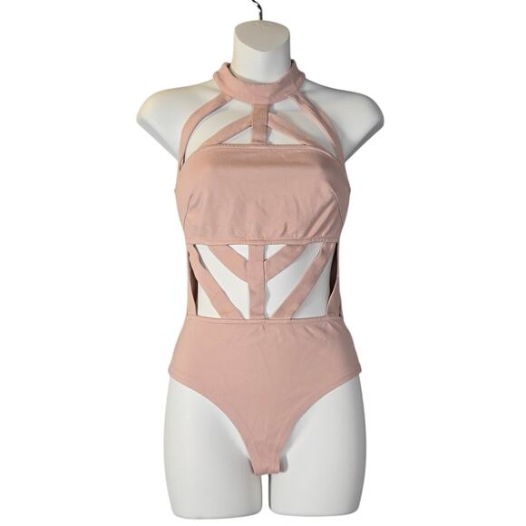Naked Wardrobe Women Small Caged Halter Bodysuit Cutout Pink Clubwear Festival - Picture 1 of 12